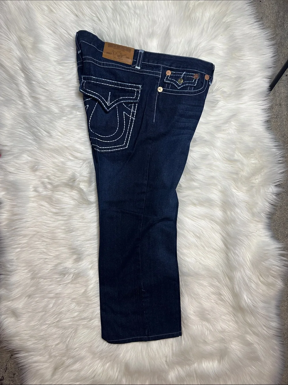 True Religion Dark Blue Straight Leg Jeans with Contrast Stitching